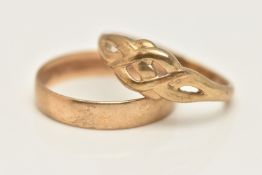 TWO 9CT GOLD RINGS, the first a polished band, hallmarked 9ct London, ring size R centre, the second