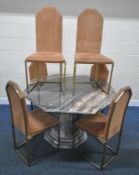 AN OCTAGONAL MARBLE TABLE, raised on a single pedestal, with a stepped base, diameter 130cm x height