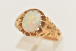 AN 18CT GOLD OPAL RING, set with an oval cut white opal cabochon, measuring approximately 10.2mm x
