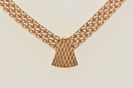 A 9CT GOLD MESH NECKLACE, with an attached textured pendant, fitted with a lobster clasp, hallmarked
