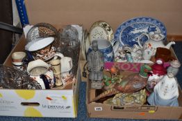 THREE BOXES OF CERAMICS AND GLASS, to include a Royal Doulton 'Woodland Rose' coffee set, early 20th