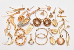 AN ASSORTMENT OF YELLOW METAL JEWELLERY, to include four pendants, nine pairs of earrings, a