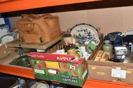 THREE BOXES AND LOOSE CERAMICS AND SUNDRIES, to include a variety of crested ware, names include