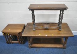 A SOLID OAK RECTANGULAR COFFEE TABLE, raised on turned legs, united by an undershelf, width 117cm