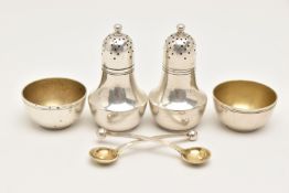 TIFFANY & CO' WHITE METAL CRUET PIECES, comprising of a miniature salt and pepper pot, two small