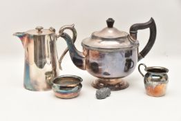 A SMALL ASSORTMENT OF WHITE METAL, to include a teapot signed 'Garrard & Co Ltd', a milk jug and