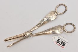 A PAIR OF SILVER GRAPE SCISSORS, monogram engraving to the handles, hallmarked 'Cooper Brothers &