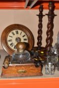 A GROUP OF VINTAGE INKWELLS AND MISCELLANEOUS ITEMS, comprising an square oak desk tidy, slim drawer