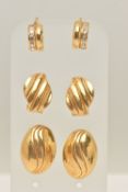 THREE PAIRS OF YELLOW METAL EARRINGS, to include a pair of oval studs with post fittings for pierced