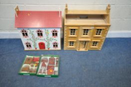 TWO SCRATCH BUILT DOLL HOUSES, one painted, one unfinished, largest width 61cm x depth 32cm x height