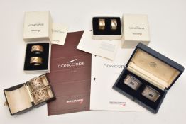 ASSORTED BOXED SILVER NAPKIN RINGS, to include two boxed sets of two 'Concorde' silver napkin rings,