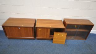 G PLAN, TWO MID-CENTURY TEAK CABINET, with double sliding doors, width 77cm x depth 46cm x height