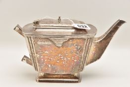 A GEORGE VI SILVER TEAPOT, AF polished form, fitted with a hinged cover, missing finial and