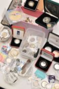 A CARDBOARD BOX CONTAINING MAINLY ROYAL MINT COINAGE, to include cased coins 1995 WWII Silver
