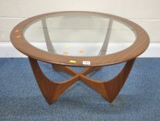 G PLAN ASTRO, A MID-CENTURY TEAK CIRCULAR COFFEE TABLE, with a glass insert, diameter 85cm x depth