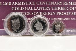 A CASED HATTONS GOLD GALLANTRY REMEMBRANCE PRESTIGE 3- COIN SOVEREIGN SET, Full, Half and Quarter
