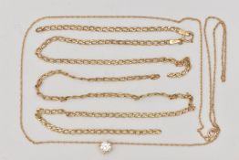 A 9CT GOLD CHAIN AND A YELLOW METAL CUBIC ZIRCONIA PENDANT WITH CHAIN, to include an AF broken chain