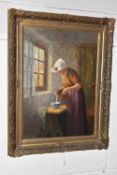 DUTCH SCHOOL DOMESTIC PORTRAIT, an early 20th century portrait of a standing female figure pouring