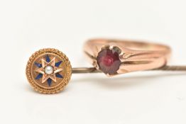 A 9CT GOLD GARNET RING AND A STICK PIN, the ring set with a circular cut garnet, claw set to the