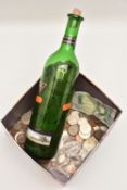 A SMALL BOX OF MIXED COINAGE, to include two Victoria Crown coins 1889, 1898, a bottle containing