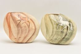 TWO BABBACOMBE POTTERY LAURIANA STUDIO POTTERY VASES, of pebble-like form, one painted with a