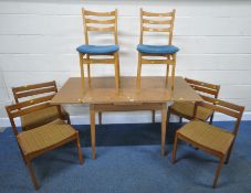 A 20TH CENTURY OAK DRAW LEAF DINING TABLE, raised on square tapered legs, extended length 154cm x