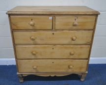 A 19TH CENTURY PINE CHEST OF TWO SHORT OVER THREE LONG DRAWERS, raised on turned legs, width 114cm x