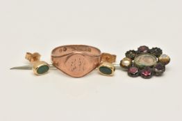 A 9CT GOLD SIGNET RING, A PAIR OF EARRINGS AND A STICK PIN, the rose gold signet ring engraved