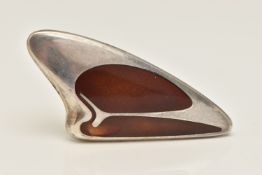 A 'GEORG JENSEN' BROOCH, a silver abstract brooch with brown enamel detail, designed by Henning