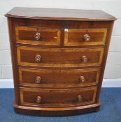 A 19TH CENTURY MAHOGANY BOW FRONT CHEST OF TWO SHORT OVER THREE LONG DRAWERS, with walnut cross
