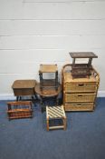 A RATTAN CHEST OF THREE DRAWERS, width 57cm x depth 38cm x height 77cm, two magazine racks, two
