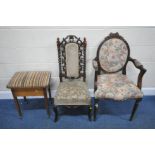 AN EARLY 20TH CENTURY MAHOGANY ARMCHAIR, with foliate upholstery, raised on fluted front legs, width
