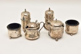 AN ASSORTMENT OF SILVER CONDIMENT TABLE WEAR, to include two salts, two mustards and two pepperetes,