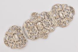 A LATE VICTORIAN SILVER TRIPLE NURSES BUCKLE, open work scrolling design with floral patterns and