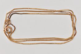 A FINE 9CT GOLD BOX LINK CHAIN, fitted with a spring clasp, hallmarked 9ct London import, length