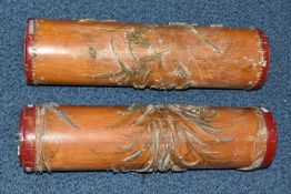 TWO WOODEN WALLPAPER PRINTING ROLLERS, printed with a numbered image for printing different layers