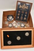 A CARDBOARD BOX OF MIXED MAINLY UK COINAGE, to include a glazed 20th Century Halfcrown to Farthing