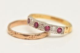 TWO RINGS, the first a ruby and diamond band ring, prong set in white and yellow gold, hallmarked