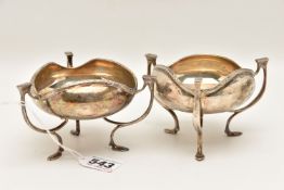 TWO SILVER BONBON DISHES, matching dishes both raised on three hooved feet, hallmarked 'Mappin &