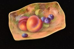 A ROYAL WORCESTER 'FALLEN FRUITS' PIN DISH hand painted and signed by Albert Shuck, with a puce