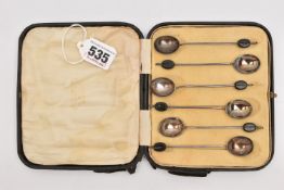A CASED SET OF SILVER COFFEE SPOONS, six silver coffee spoons with black coffee bean detail to the