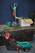A BOSCH ROTAK 370ER ELECTRIC LAWN MOWER, with grassbox, a Bosch hedge trimmer, a Bosch Strimmer, a
