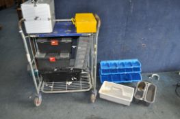 A FOLDING WORKBENCH ON WHEELS, with a wire undershelf, width 76cm, depth 51cm, height 102cm, and a