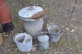A COLLECTION OF VINTAGE GALVANISED GARDEN ITEMS, including a watering can, a mop bucket, three