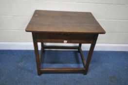 A GEORGIAN OAK SIDE TABLE, with a single frieze drawer, raised on chamfered legs, united by
