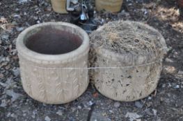 A PAIR OF PAINTED TERRACOTTA GARDEN PLANTERS, with acanthus leaf detail to bowls, height 40cm.