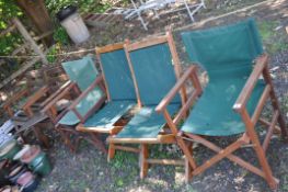 A SELECTION OF WOODEN GARDEN CHAIRS, including a pair of directors style arm chairs, a pair of