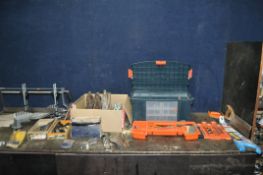 A BOX AND A TOOLBOX CONTAINING CARPENTRY TOOLS, including Record No.044 plough plane, No.071