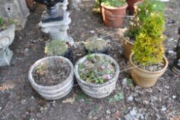 A COLLECTION OF SIX GARDEN PLANT POTS, including a pair of black painted pots with figural detail to