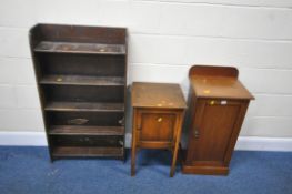 A 20TH CENTURY OAK SHALLOW OPEN BOOKCASE, width 62cm x depth 21cm x height 111cm, a mahogany pot